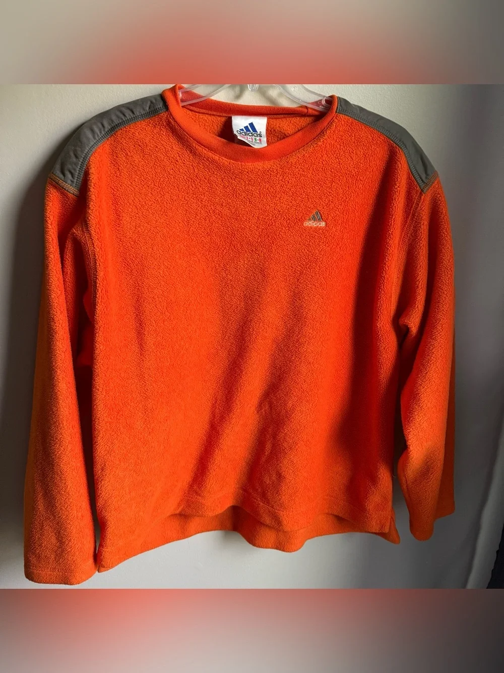 90’s Adidas Orange Fuzzy Sweatshirt Size XL with Gray Nylon Shoulders